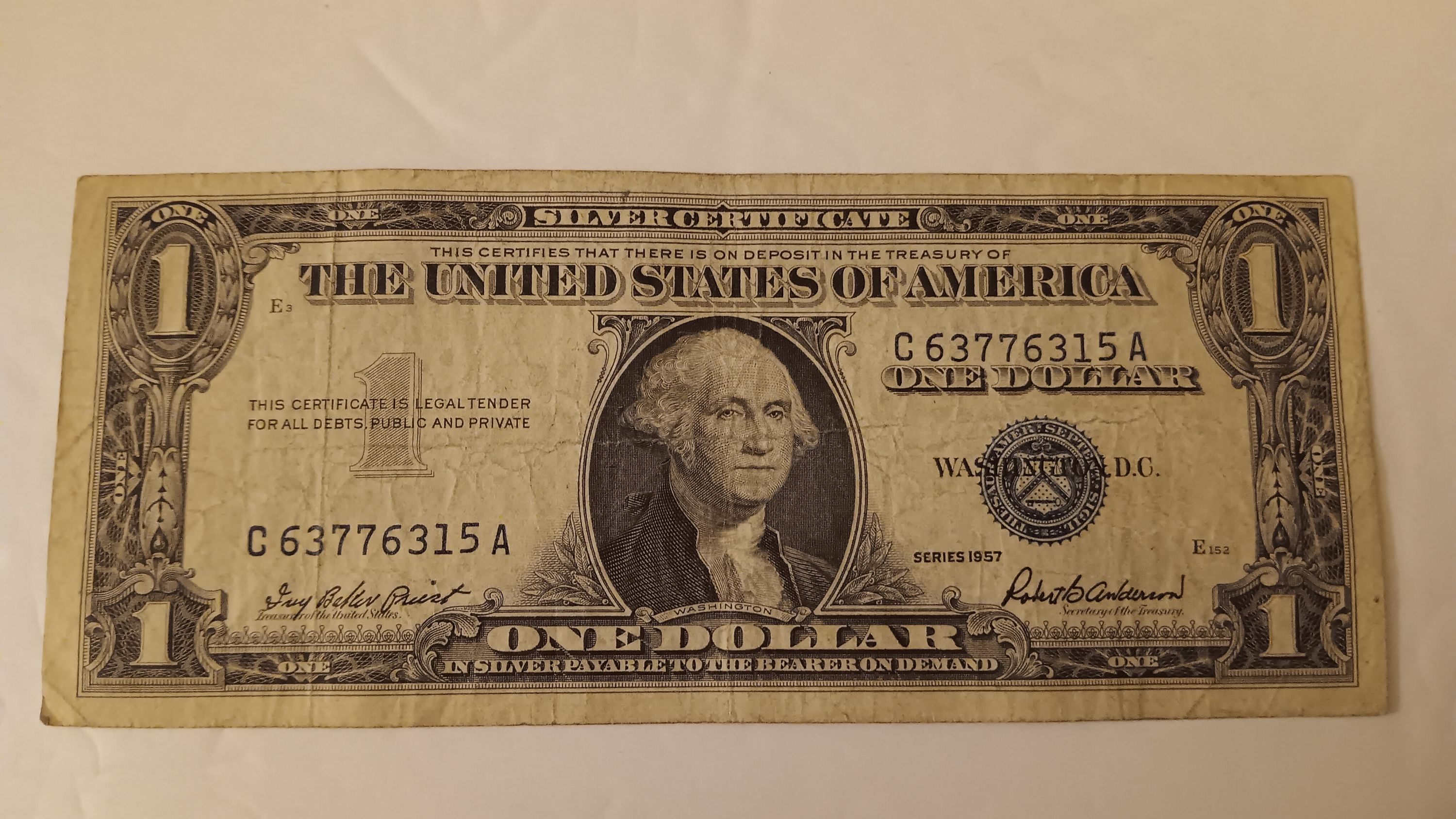US Series 1957 One Dollar Silver Certificate Average Circulated