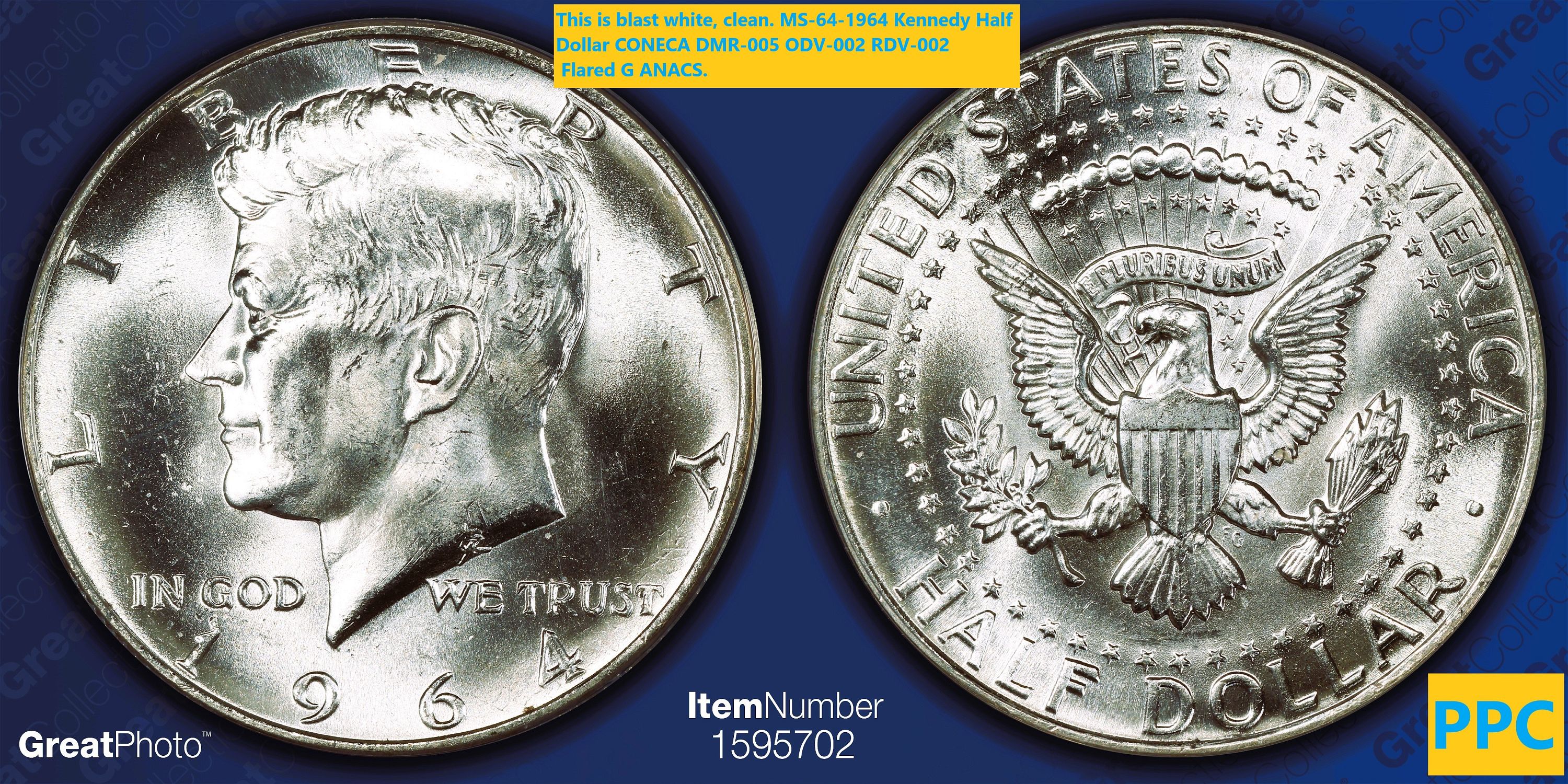Rare-MS-64 -1964 Kennedy - Coneca DMR-005 Odv002 Rdv-002 Flared G