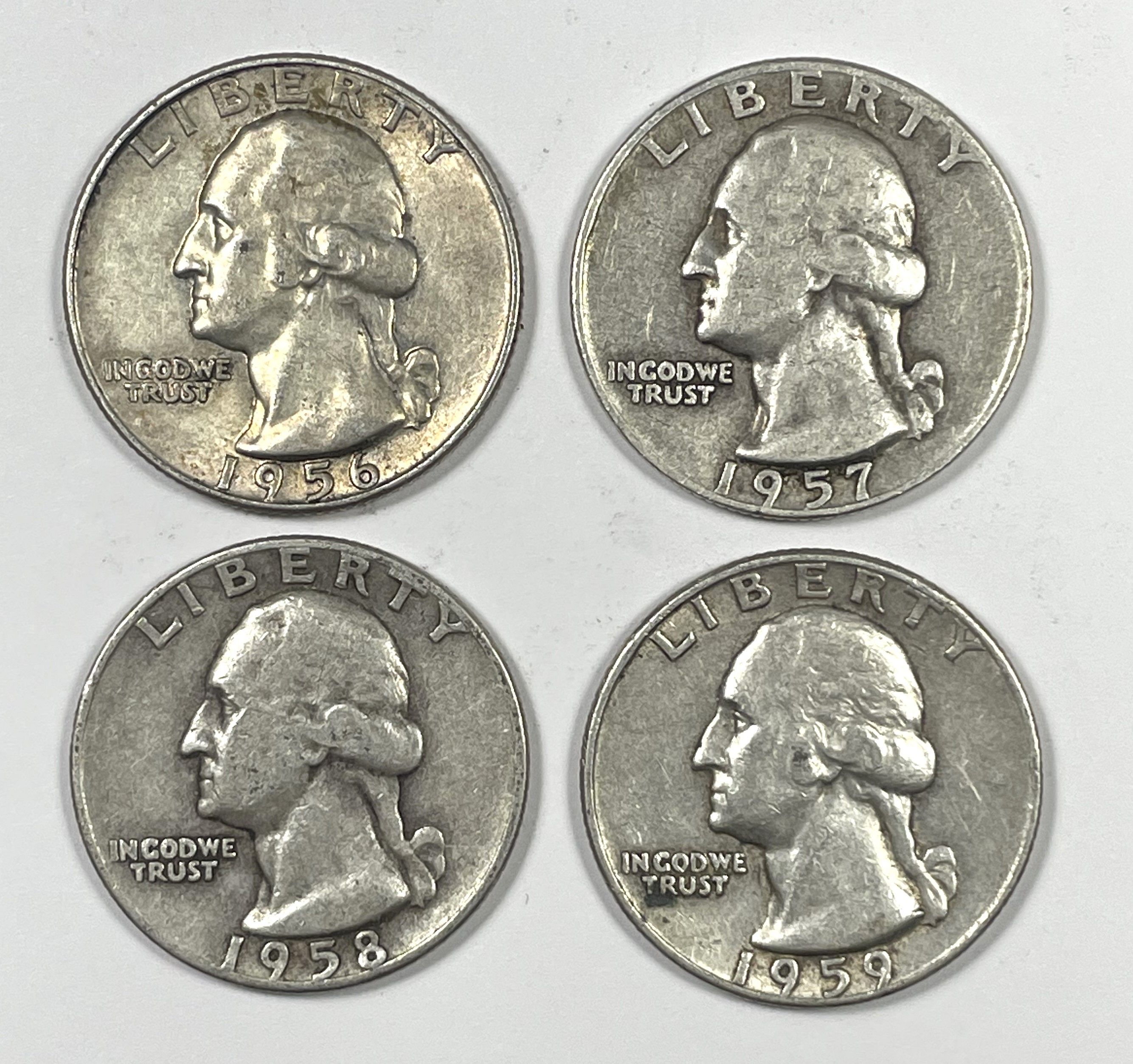 4 Washington Silver Quarters from 1956 to 1959 - $1 Face Value 90% Coin ...
