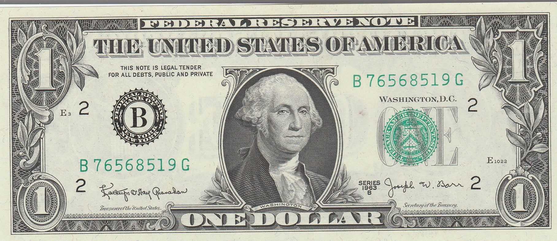 1963 B JOSEPH BARR ONE DOLLAR FEDERAL RESERVE NOTE - For Sale, Buy Now