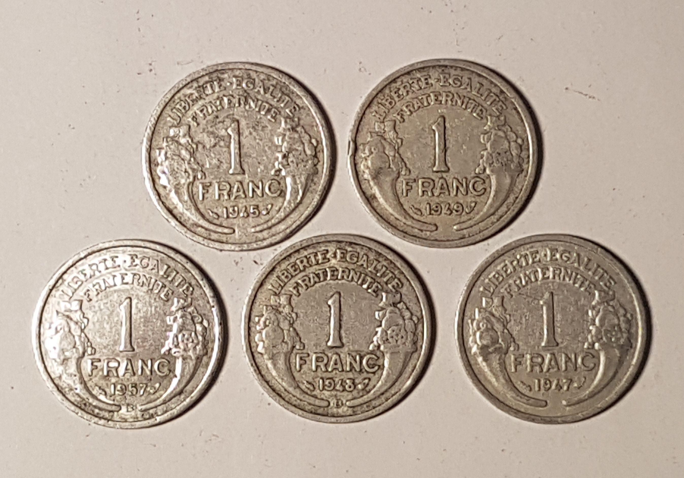 Lot 5 Coin France 1 Franc 1945 1947 1948 1949 1957 - For Sale, Buy
