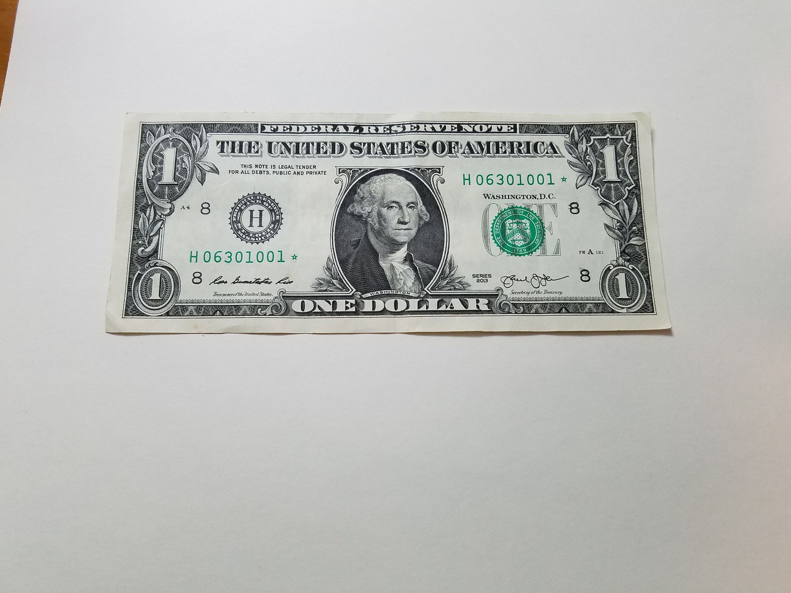 2013 1 Federal Reserve Star Note One Dollar Fancy Serial Number Unique