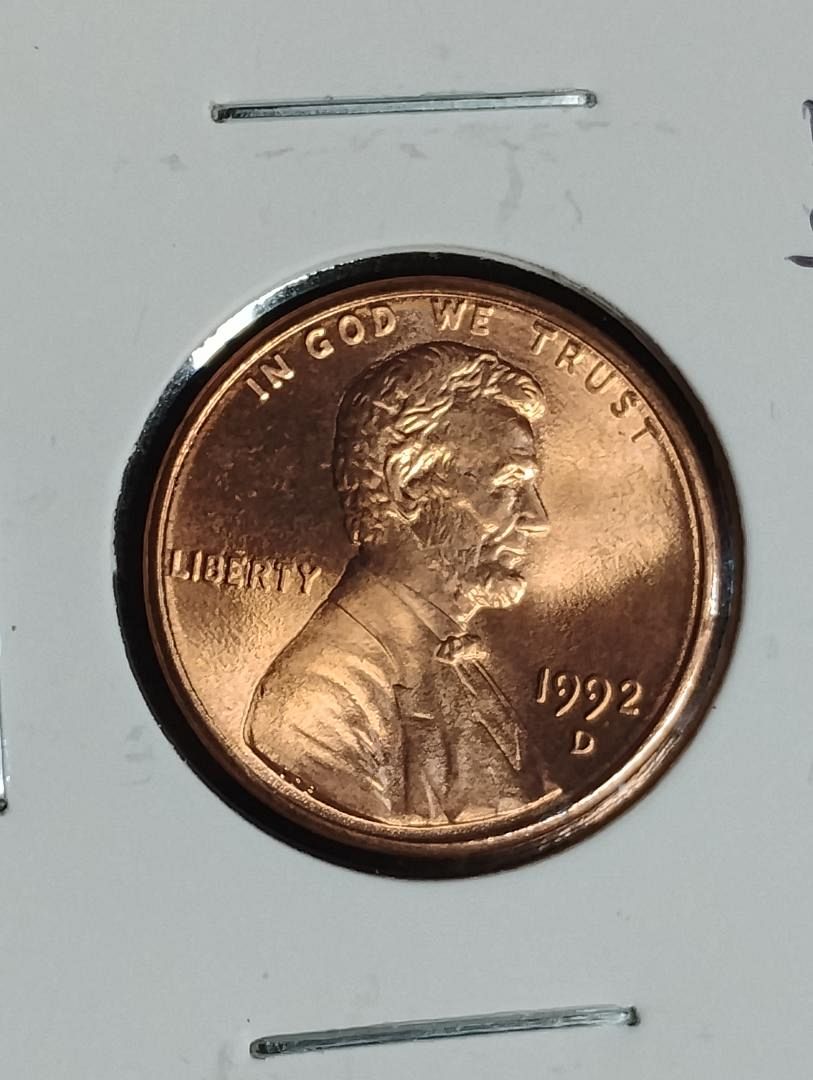 1992-D LINCOLN MEMORIAL CENT MS-67 RED , REVERSE, STRUCK THROUGH