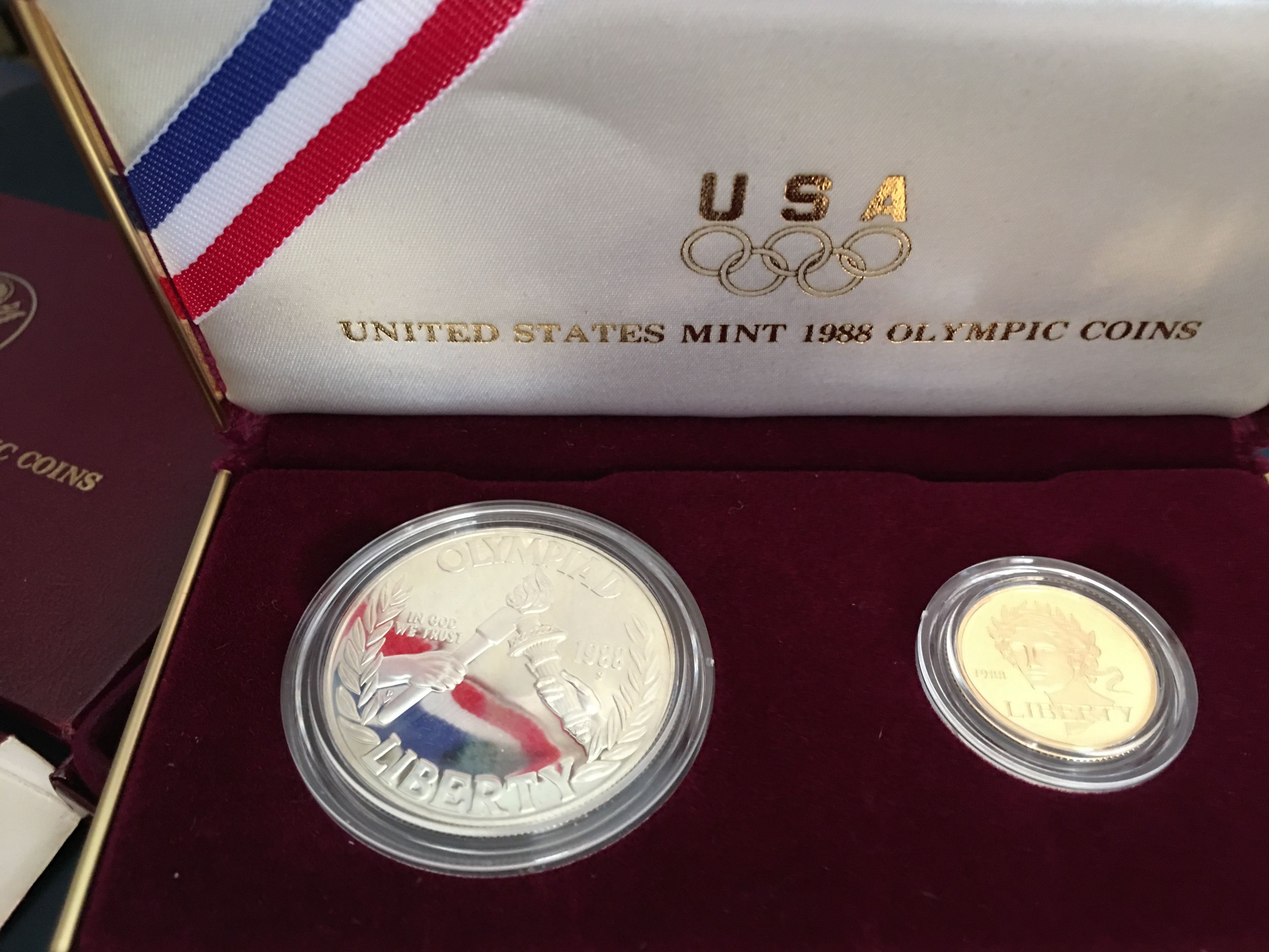 1988 US Mint Olympic 2-Coin Proof Set $5 Gold $1 Silver Dollar Box