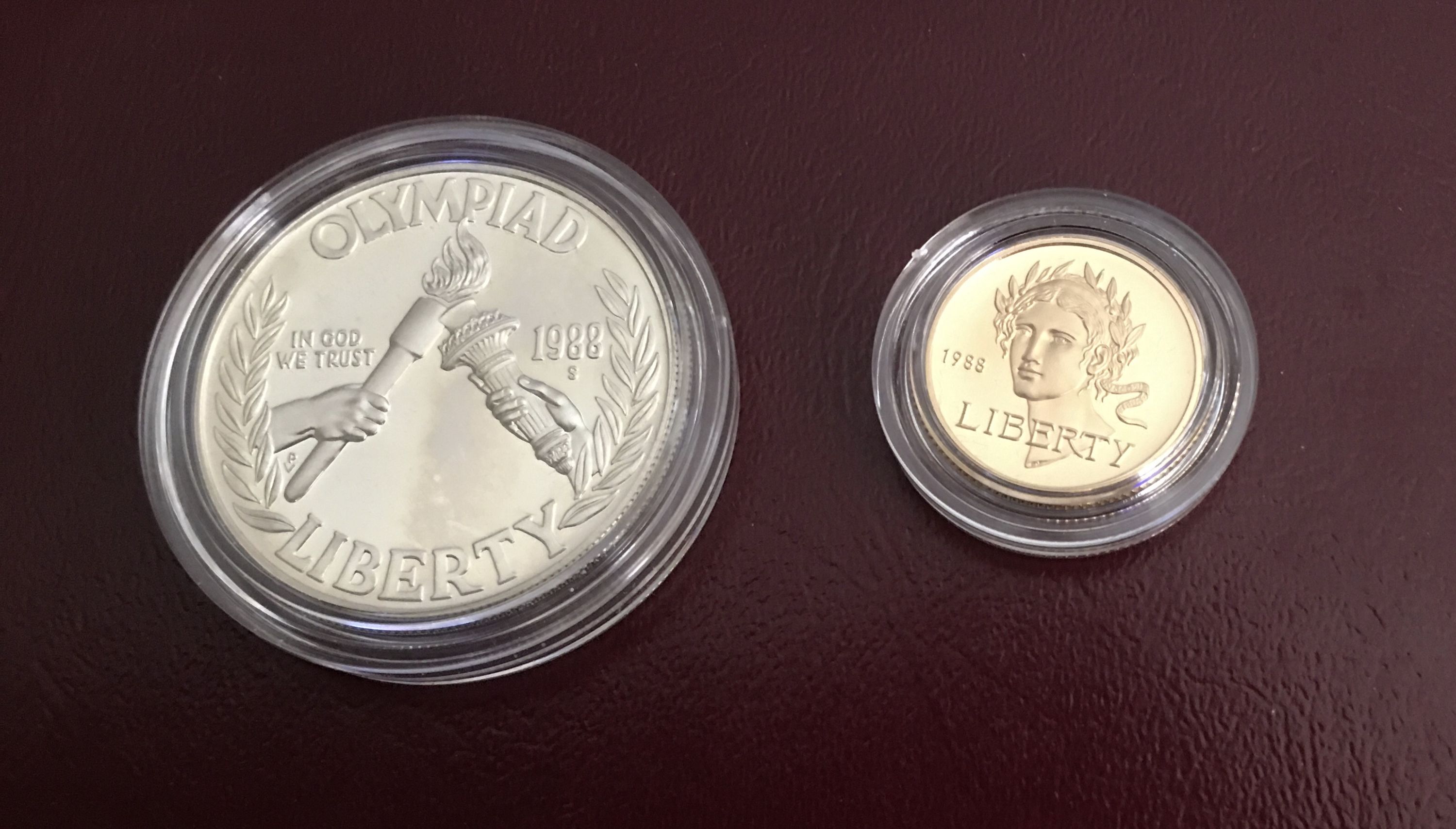1988 US Mint Olympic 2-Coin Proof Set $5 Gold $1 Silver Dollar Box
