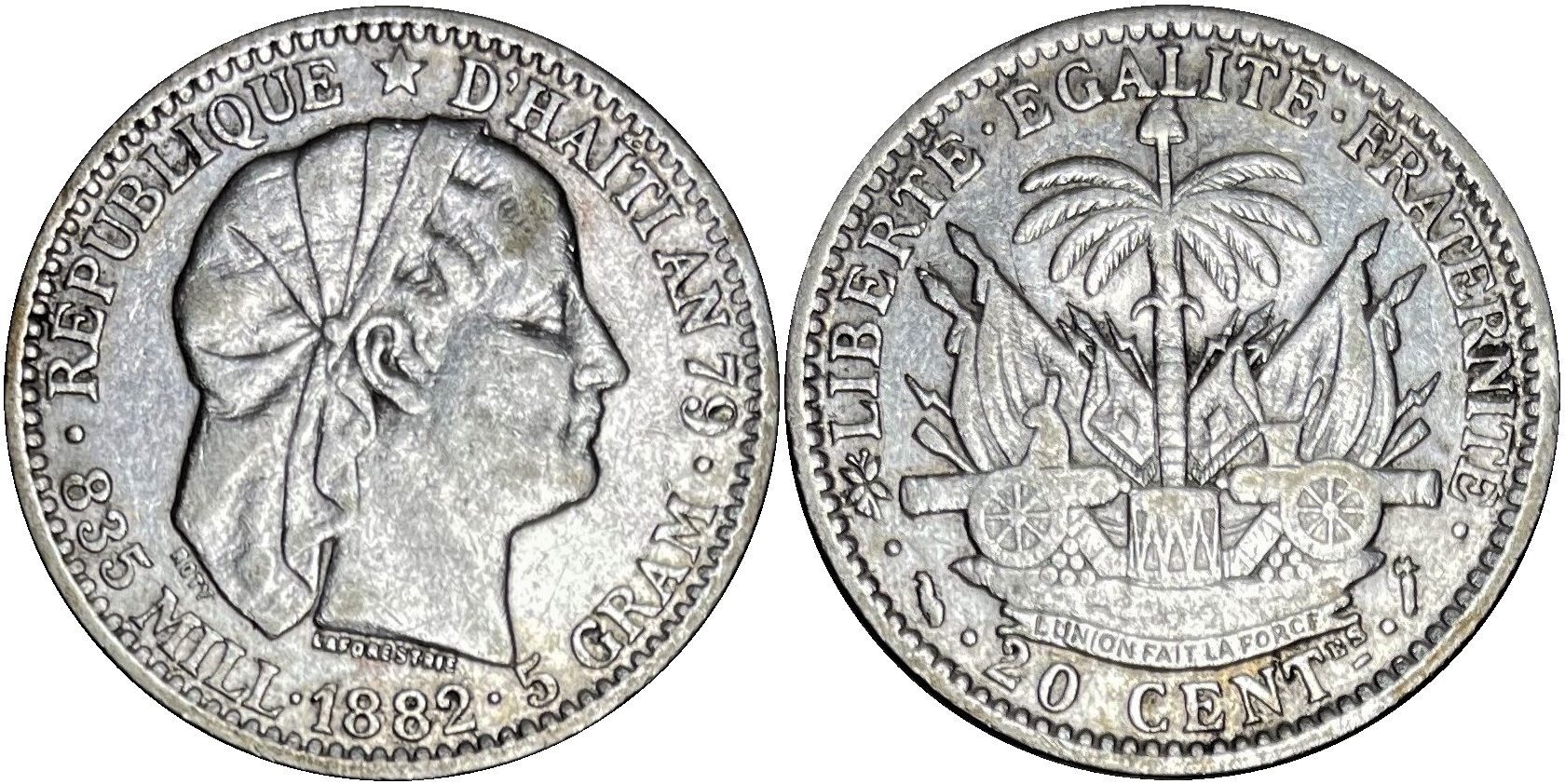 Haiti 20 Centimes 1882 A / VF Silver .835 SKU# 19143.01 - For Sale