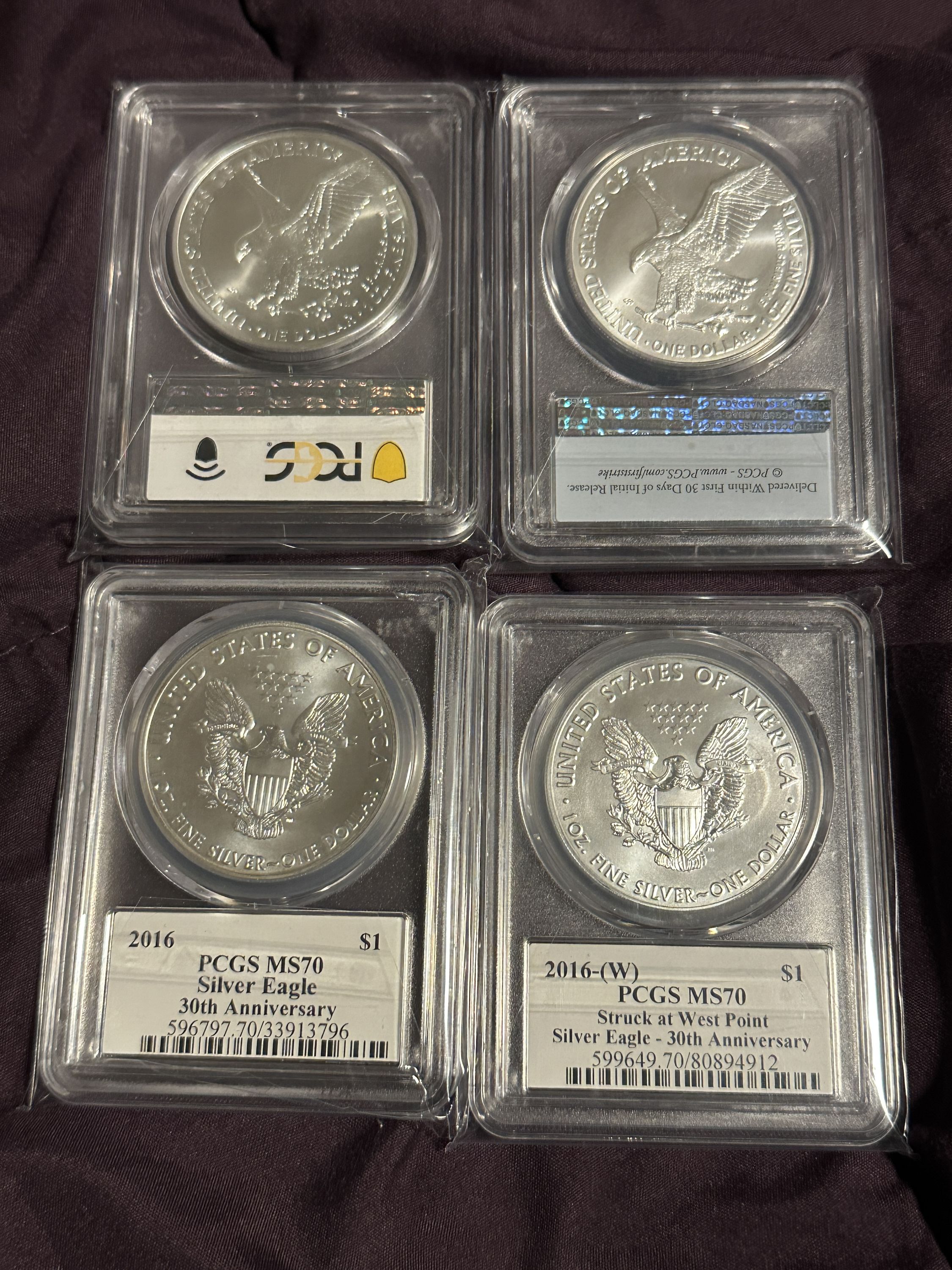 Mix Lot 4-Silver Eagles: 1) 2016 PCGS MS70 30th Anniv; 2) 2016-W