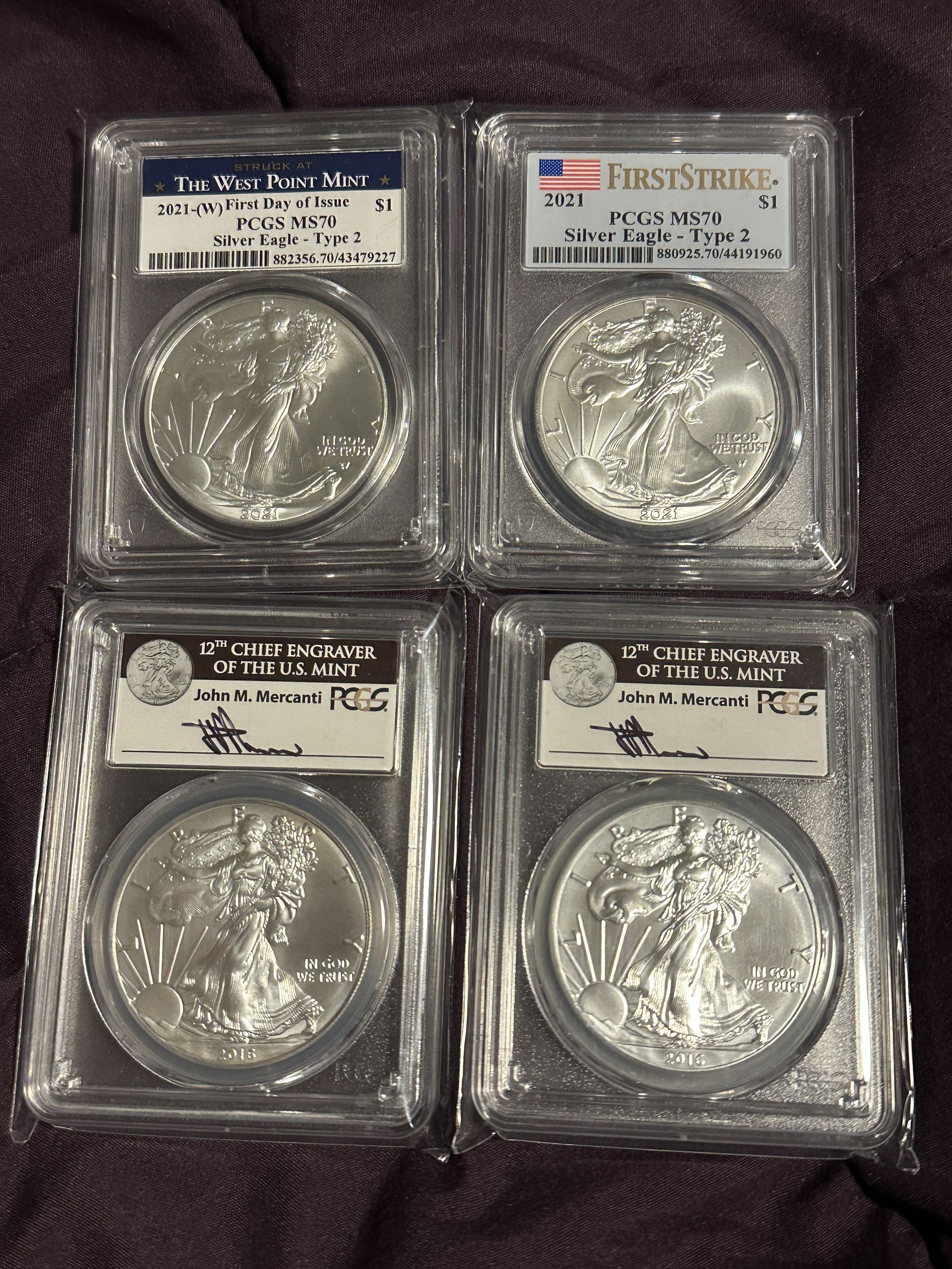 Mix Lot 4-Silver Eagles: 1) 2016 PCGS MS70 30th Anniv; 2) 2016-W