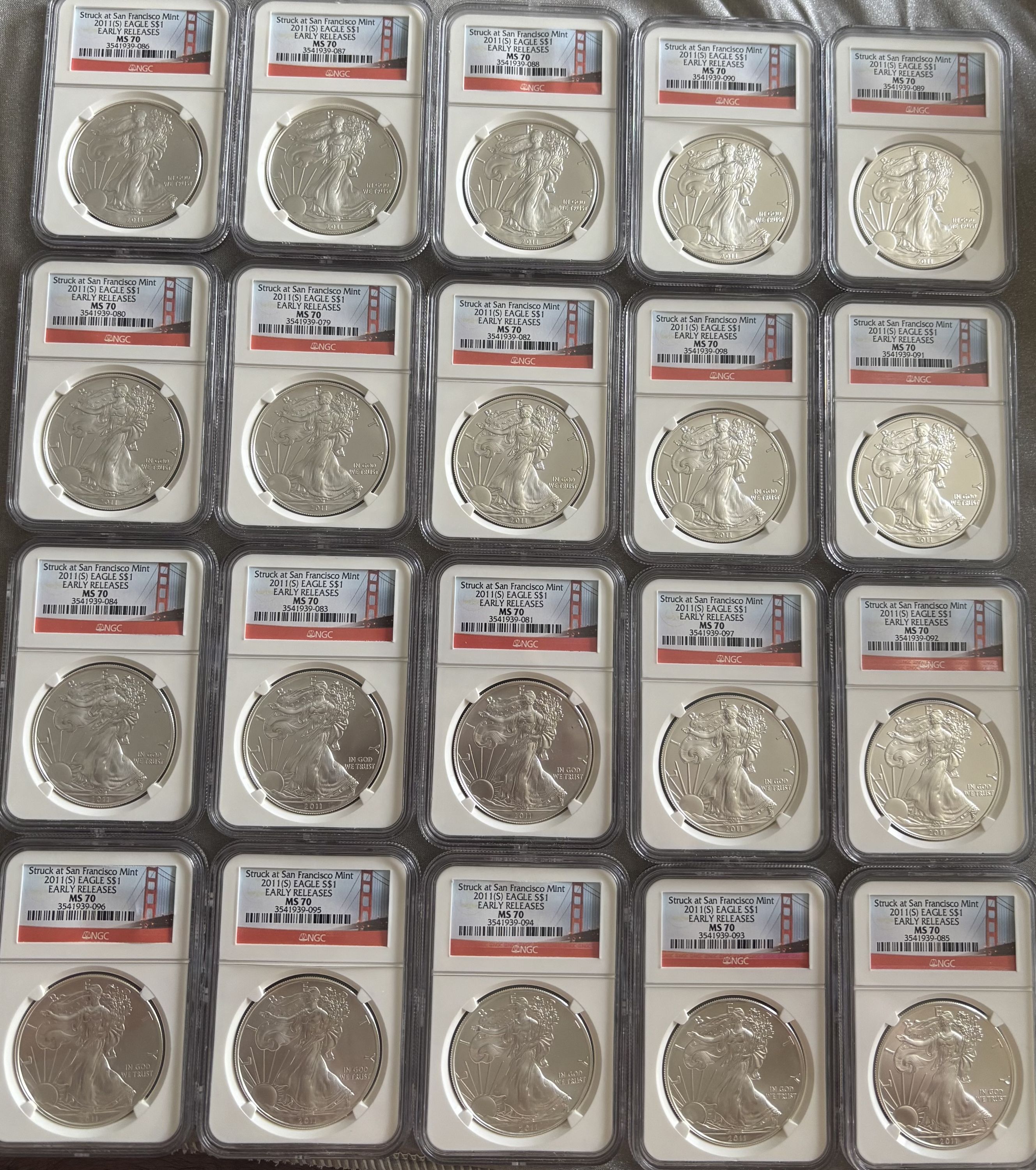 20 Coins Bullion Silver Eagles 2011(S) Certificate All MS-70 NGC