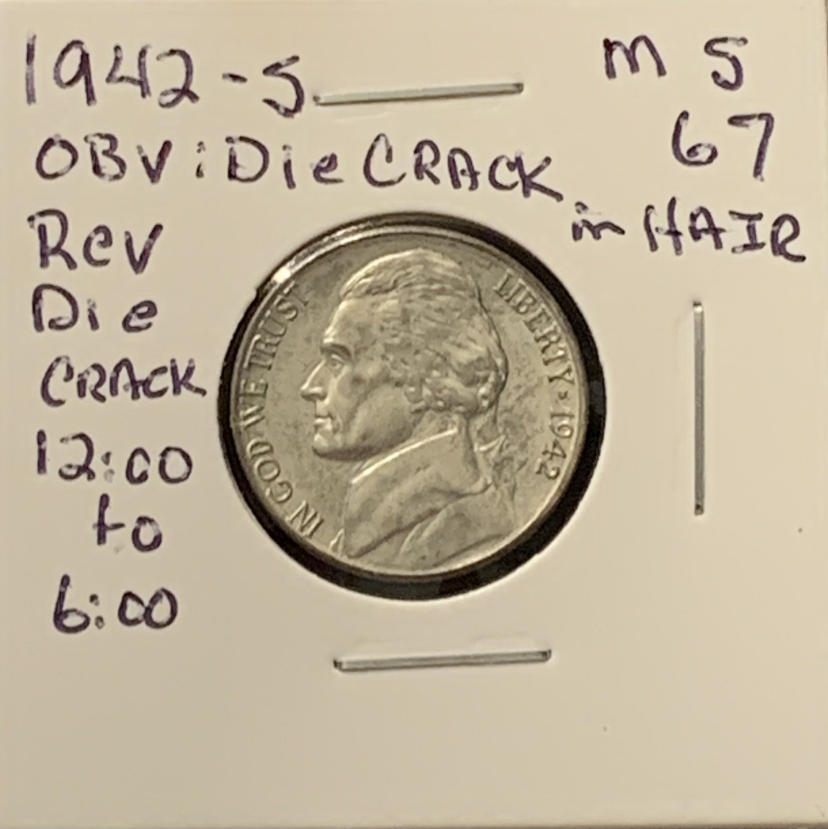 1942-S JEFFERSON NICKEL MS67 OBV AND REV DIE CRACKS COND BIN 80.00