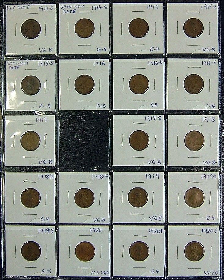 Lot of 19 Lincoln Cents 1914-D to 1920-S, excluding 1917-D - For
