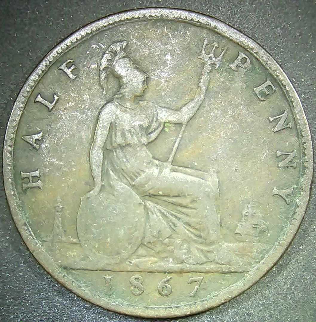 1867 Great Britain Half Penny Queen Victoria Bun Head Bronze Coin