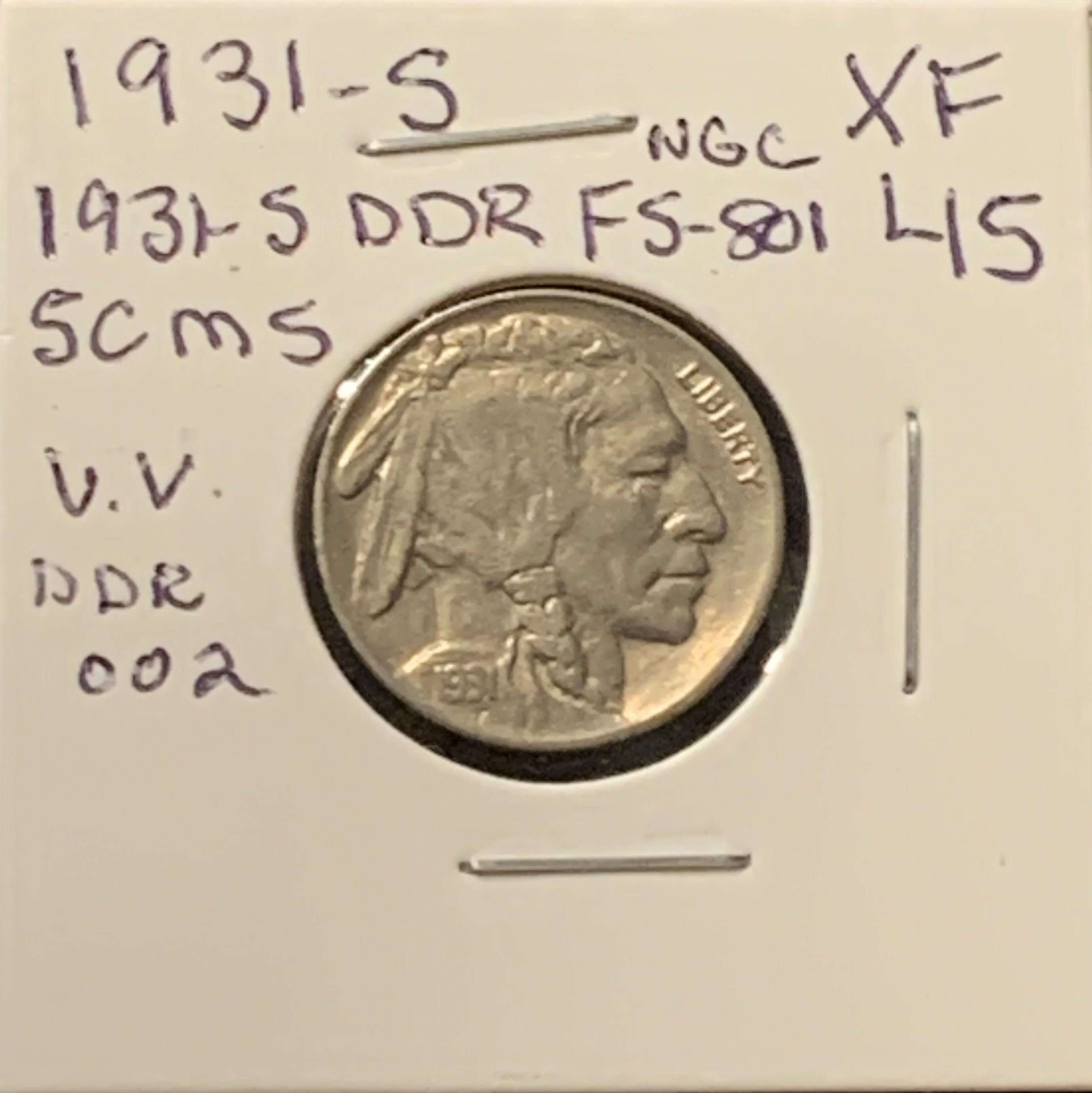 1931-S BUFFALO NICKEL XF45 WITH ERROR DDR FS-801 COND BIN 200.00