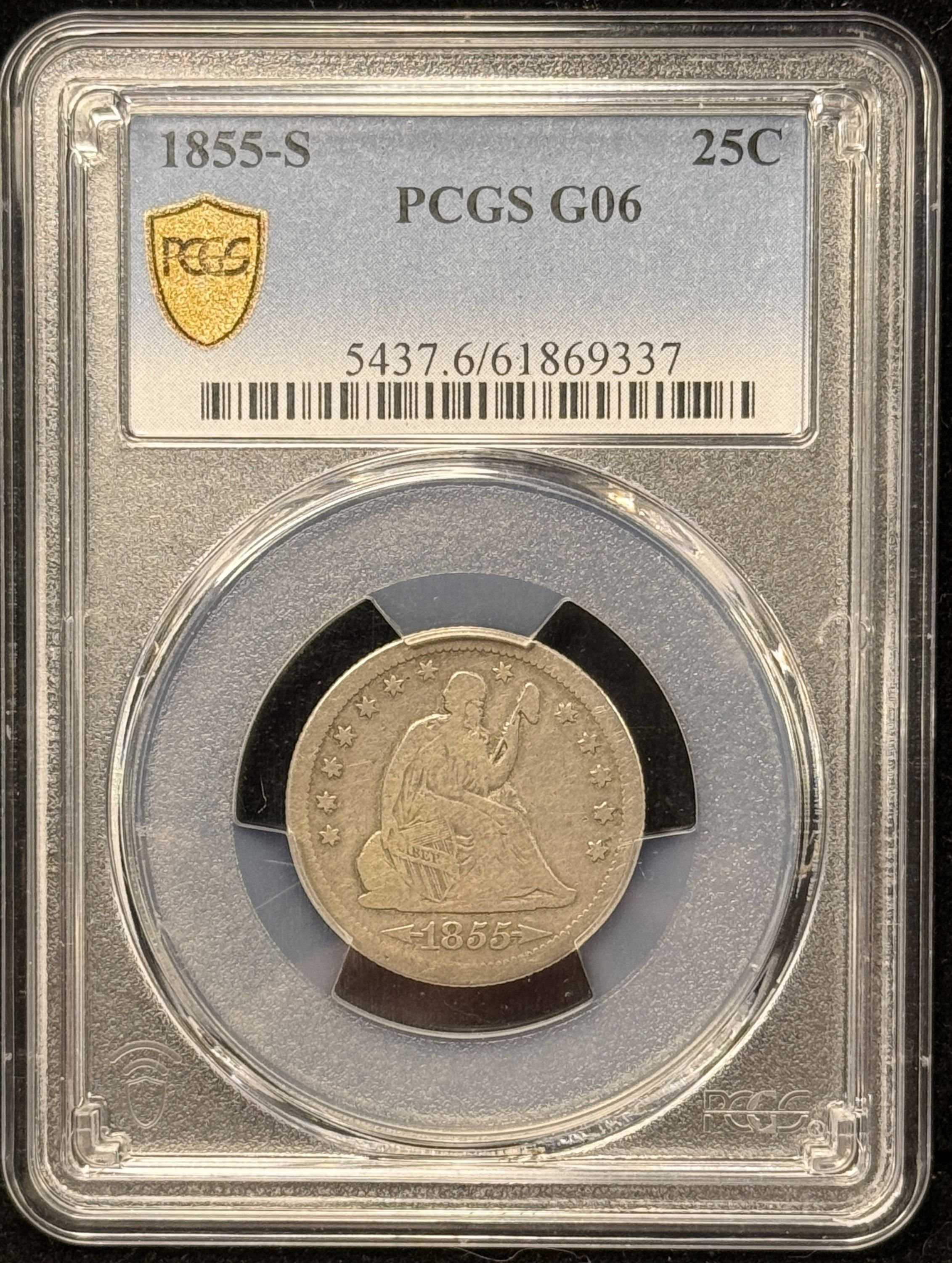 1855-S Seated Liberty Quarter, G06 PGCS (25632) – For Sale – Buy