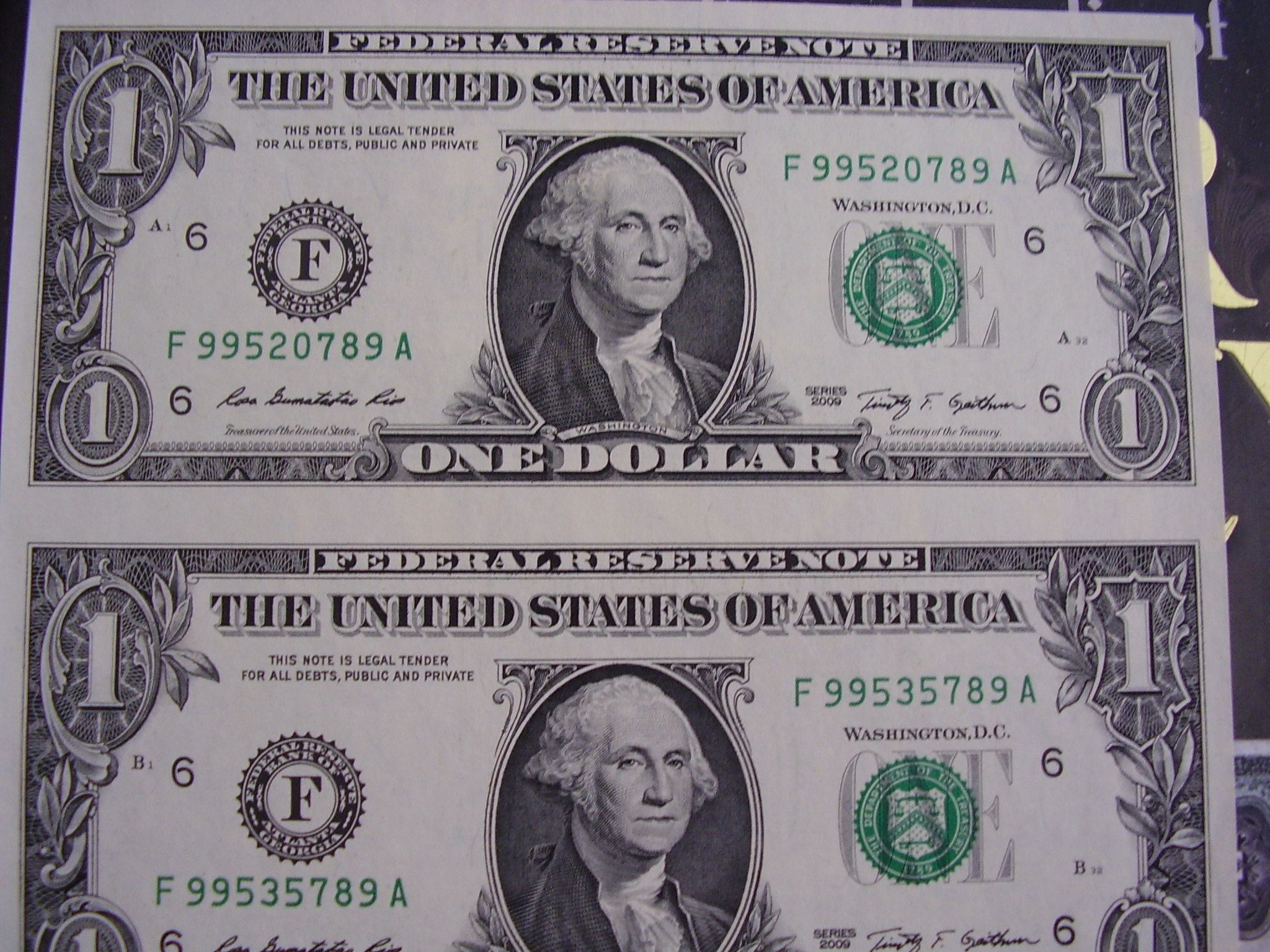 2009 uncut sheet of 4 one dollar bills un circulated crisp for buying uncut sheets of money