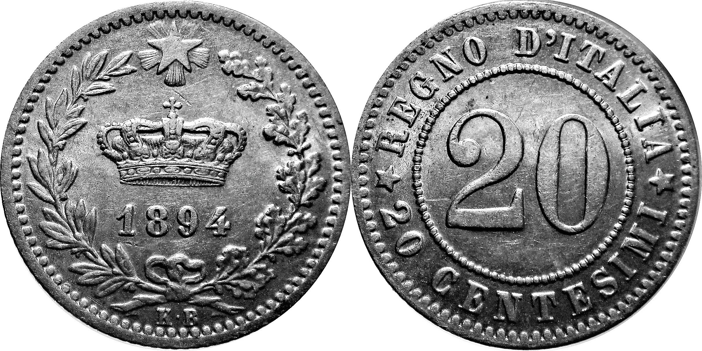 Italy 1894 KB 20 Centesimi Coin.