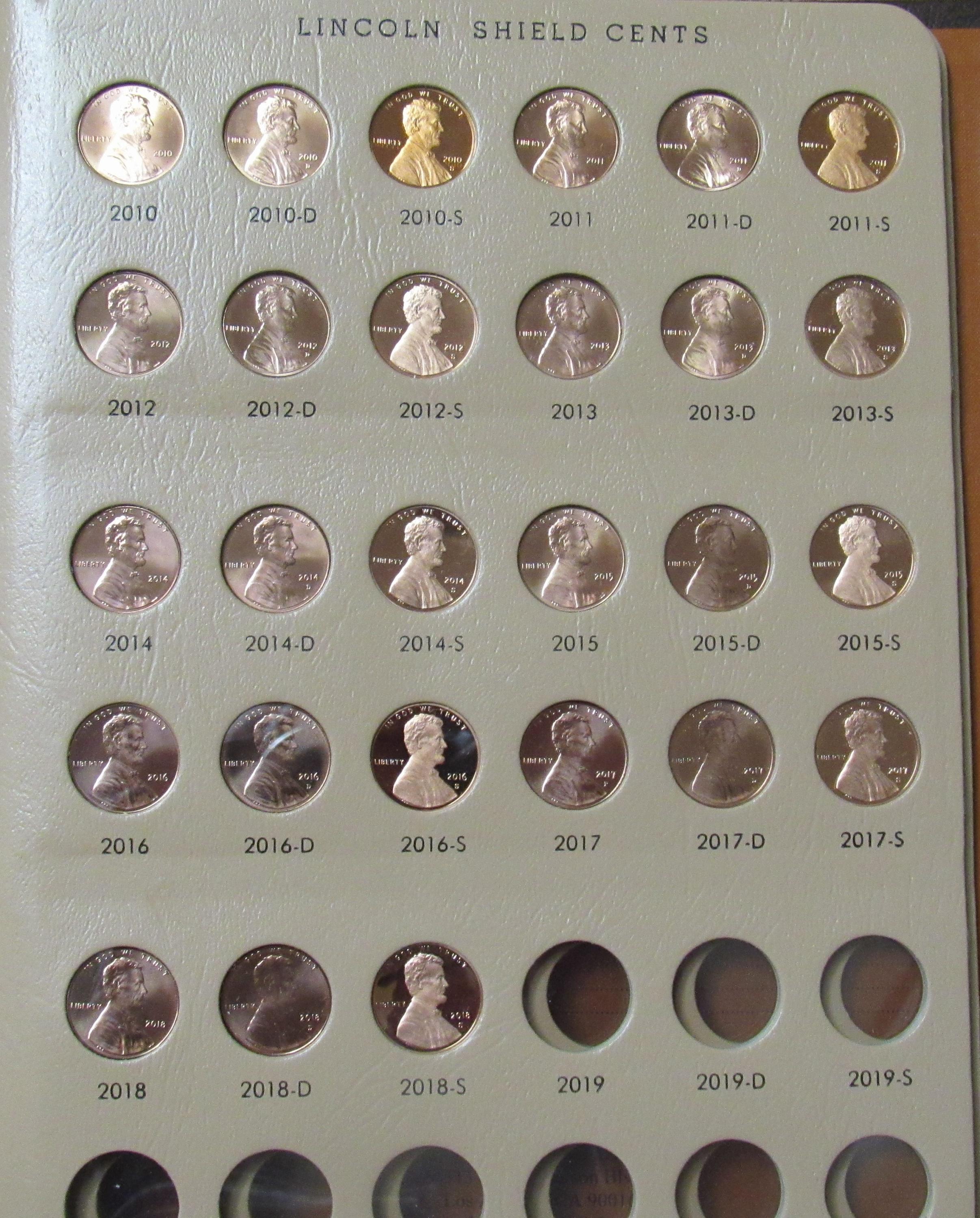 LINCOLN SHIELD CENT DANSCO ALBUM WITH B.U /& PROOF COINS 2010 to 2019