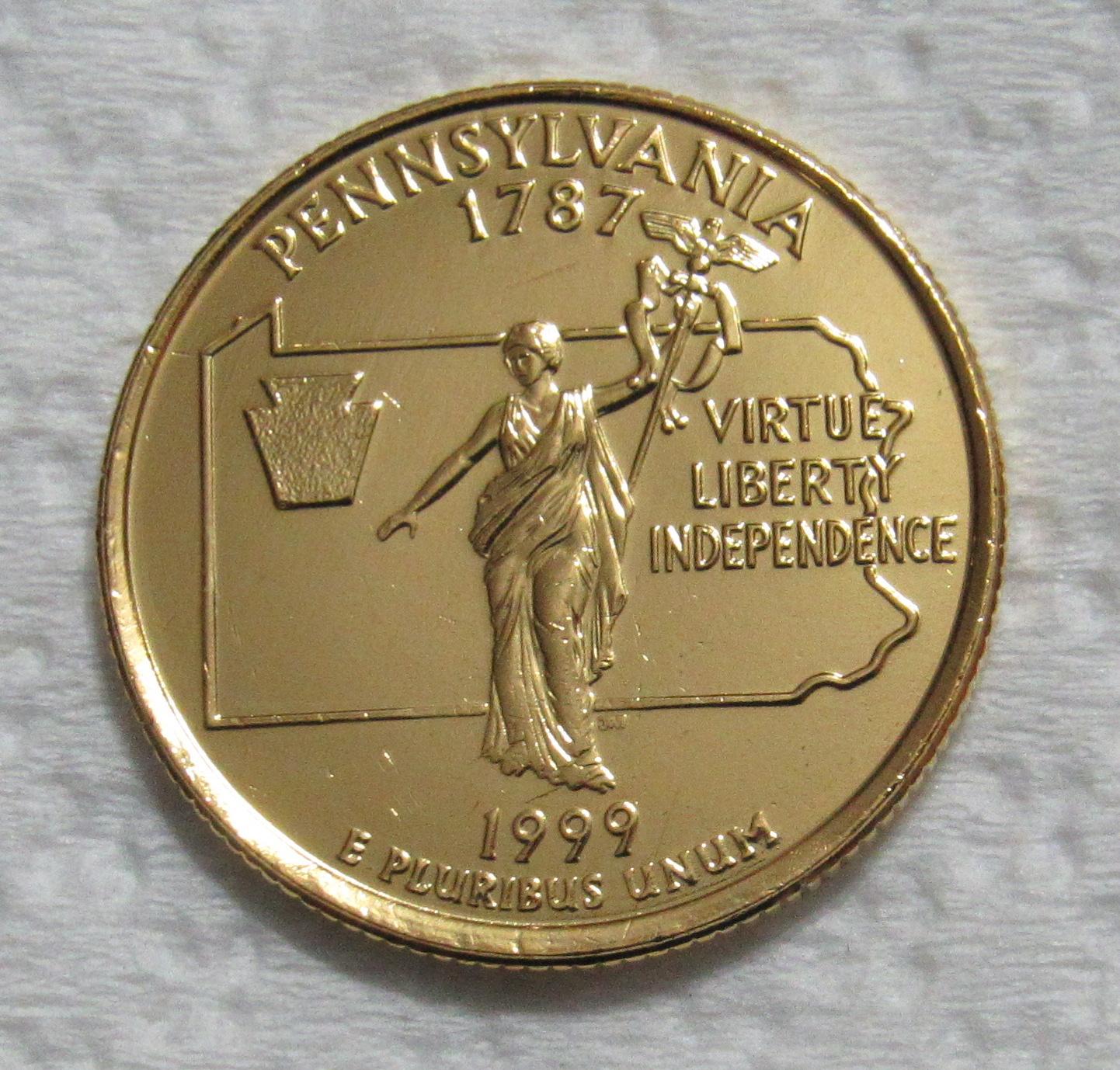 1999 D 25 Cents Pennsylvania State Quarter Gold Colorized For Sale 