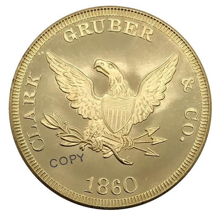 1860 USA 20 Dollars Clark Gruber Gold Plated Teritorial Coin 'COPY' Stamped - for sale, buy now ...