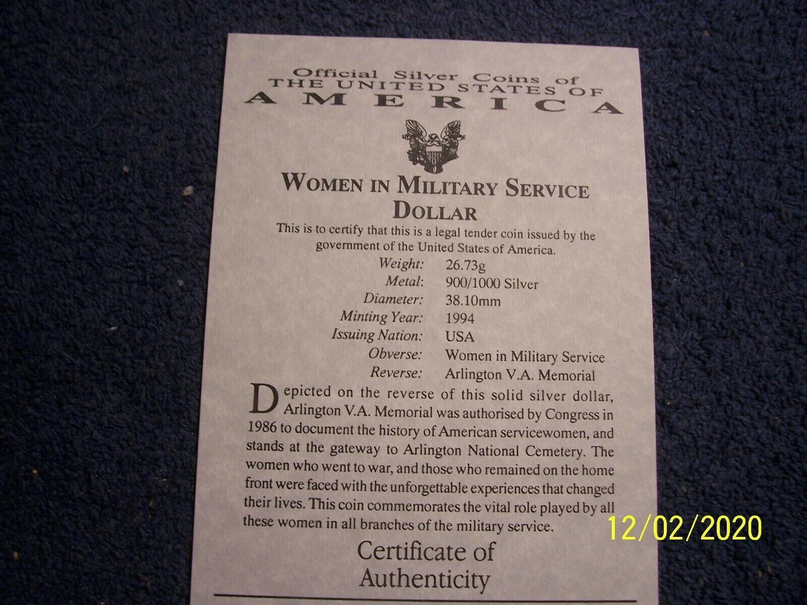 1994 Women in Military Service For America Memorial Silver Dollar - For