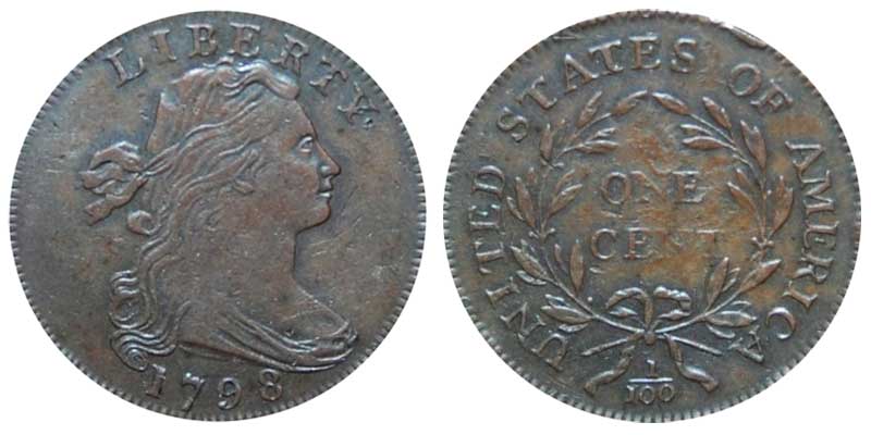 1798 Draped Bust Large Cent Reverse of 1795 Early Copper Penny