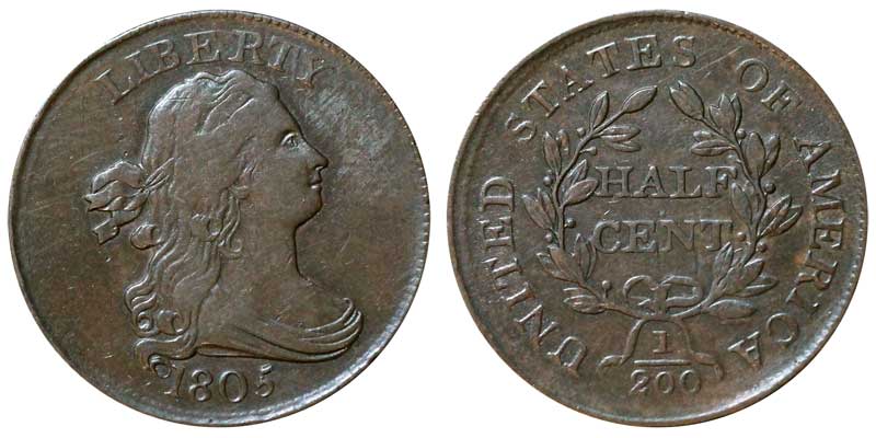 1805 Draped Bust Half Cent Medium 5 - Stemless Early Copper Half
