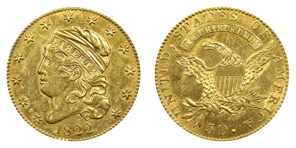 1822 Capped Bust Gold $5 Half Eagle Capped Head - Facing Left