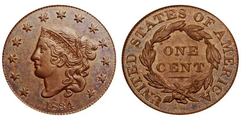 1834 Coronet Liberty Head Large Cent Large 8 - Large Stars - Large