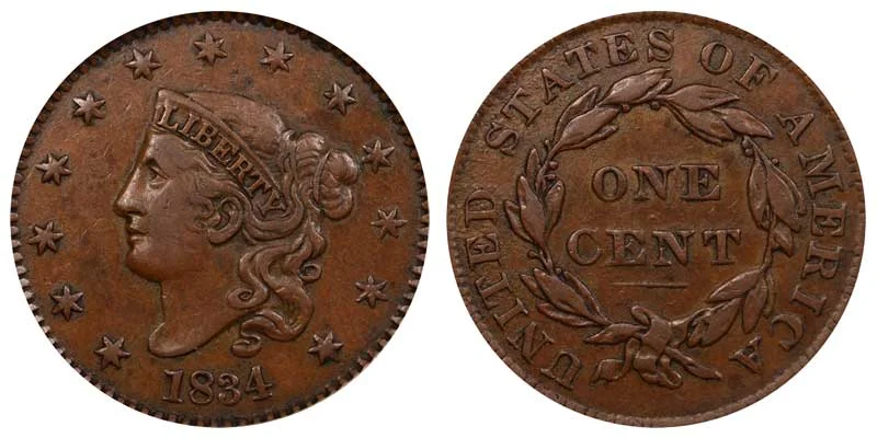1834 Coronet Liberty Head Large Cent Large 8 - Small Stars