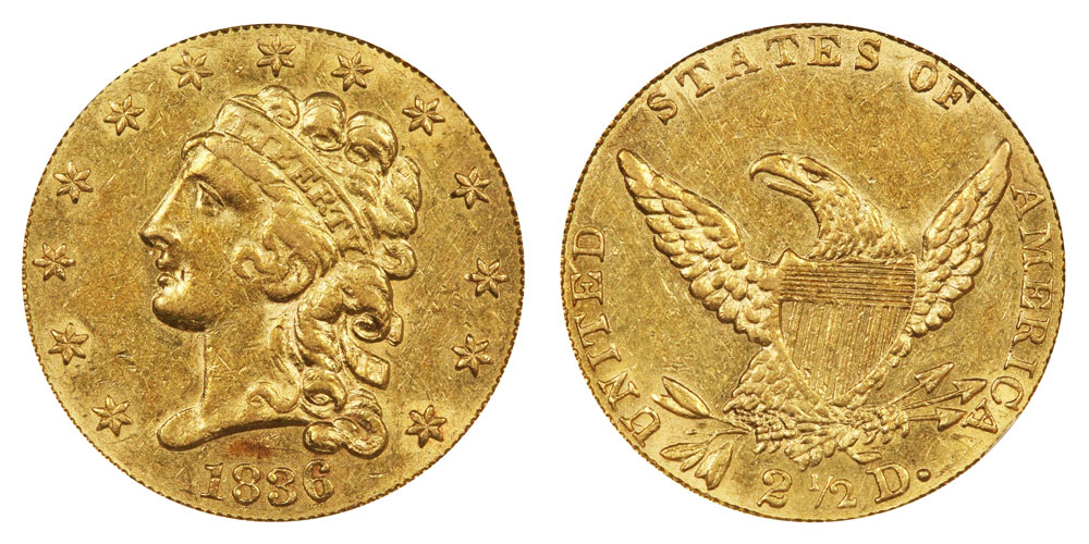 1836 Classic Head Gold $2.50 Quarter Eagle Block 8 No Motto On