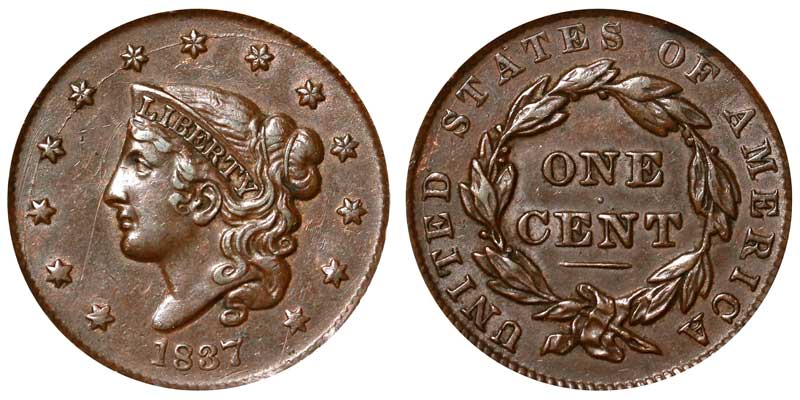 ひ*僧様 Brunt CONTINUE B/C CENTER 右 コンティニュー 1837 Coronet Liberty Head Large Cent Plain Cord - Small Letters