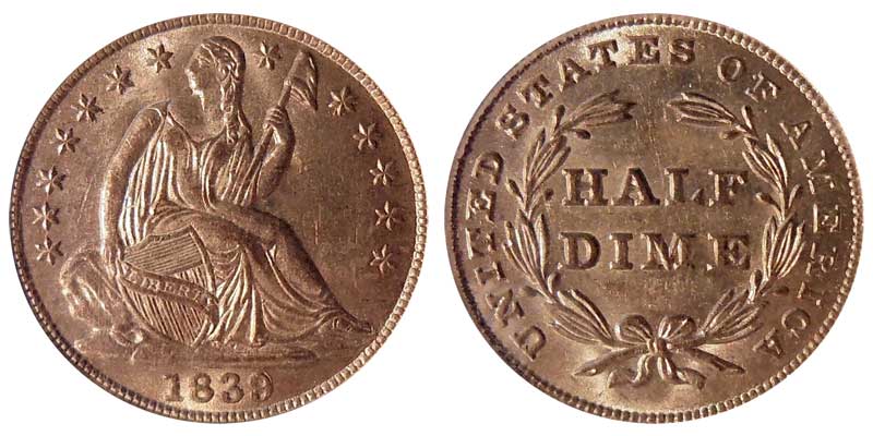 1839 Seated Liberty Half Dime No Drapery Coin Value Prices, Photos
