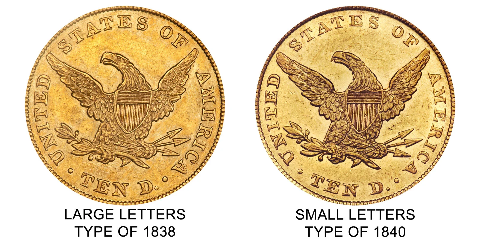 1839 Coronet Head Gold $10 Eagle Large Letters - Type of 1838 Old