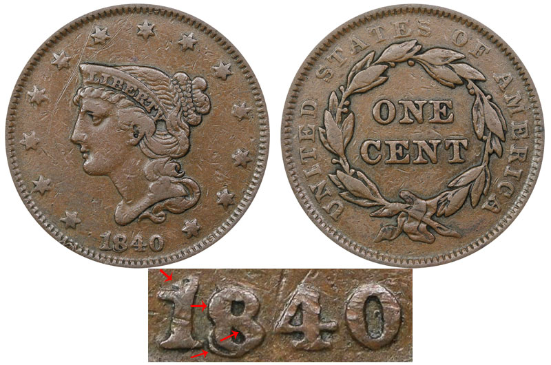 1840 Braided Hair Liberty Head Large Cent Small Date Over Large 18
