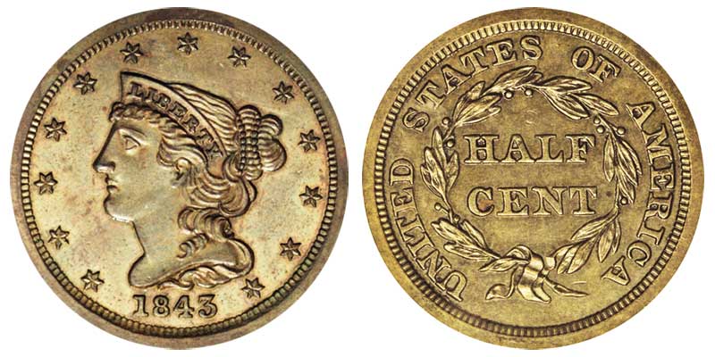 1843 Braided Hair Half Cent Original - Proof Only Early Copper
