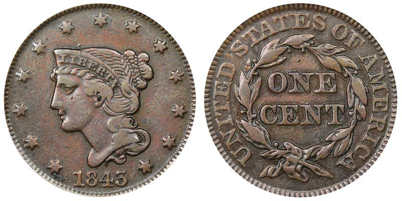 1843 Braided Hair Liberty Head Large Cent Petite - Large Letters