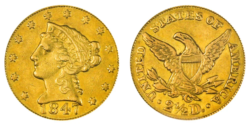 1847 C Coronet Head Gold $2.50 Quarter Eagle Liberty Head - Early