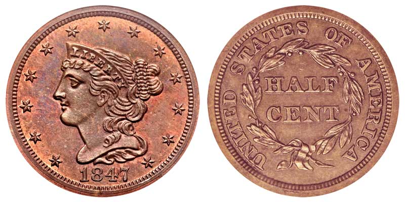 1847 Braided Hair Half Cent Original - Proof Only Early Copper