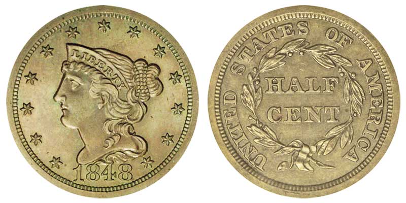 1848 Braided Hair Half Cent Original - Proof Only Early Copper
