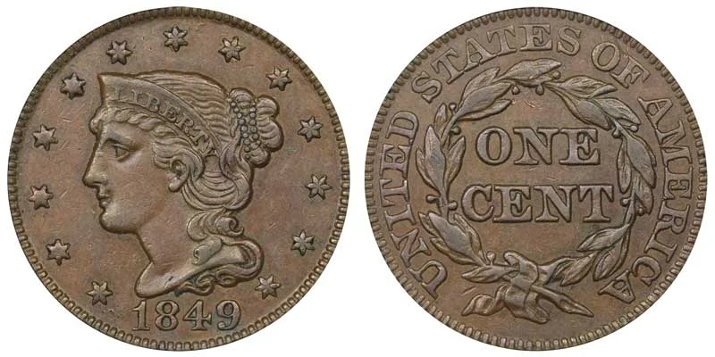 1849 Braided Hair Liberty Head Large Cent Early Copper Penny Coin