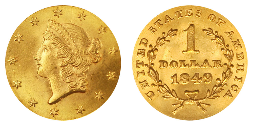1849 Liberty Head Gold Dollar Closed Wreath Type 1 Early Gold