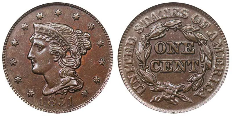 手数料分 1851 Braided Hair Liberty Head Large Cent Normal Date Early Copper