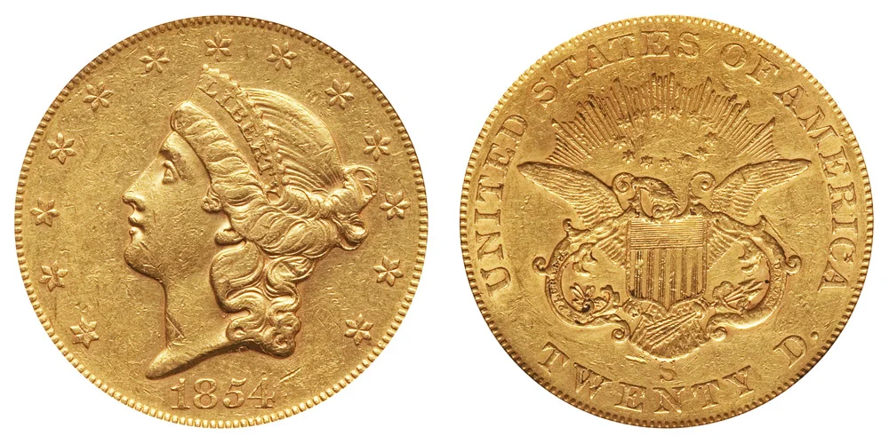 1854 S Coronet Head Gold $20 Double Eagle Liberty Head - Twenty D