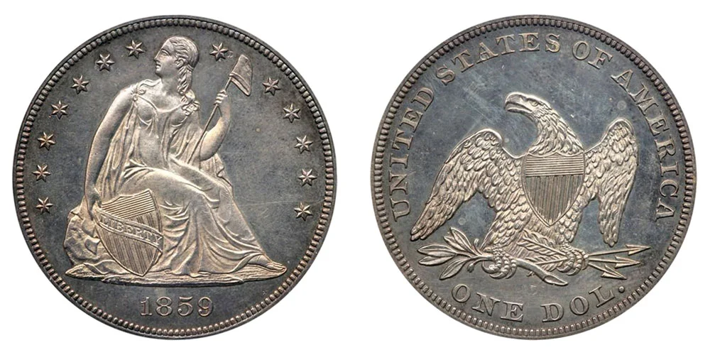 1859 Seated Liberty Silver Dollar Coin Value Prices, Photos & Info