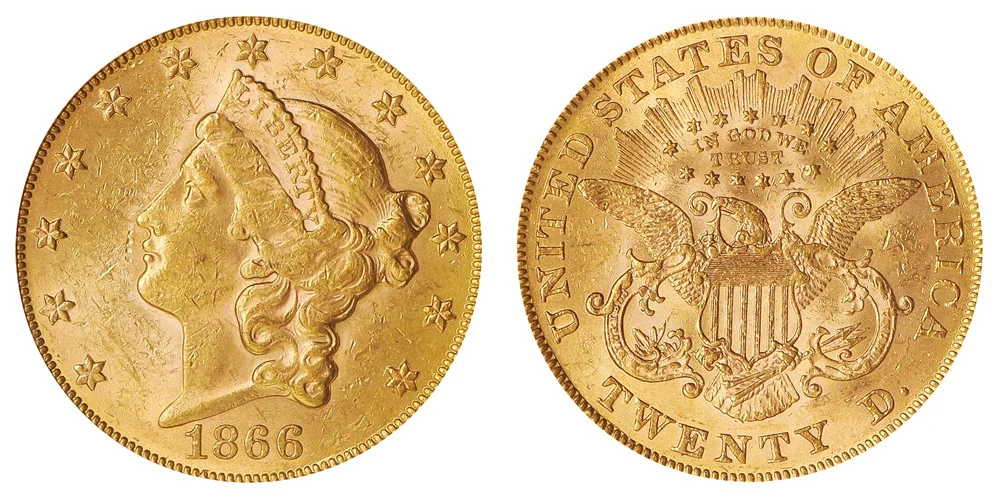 1866 Coronet Head Gold $20 Double Eagle Liberty Head - Twenty D