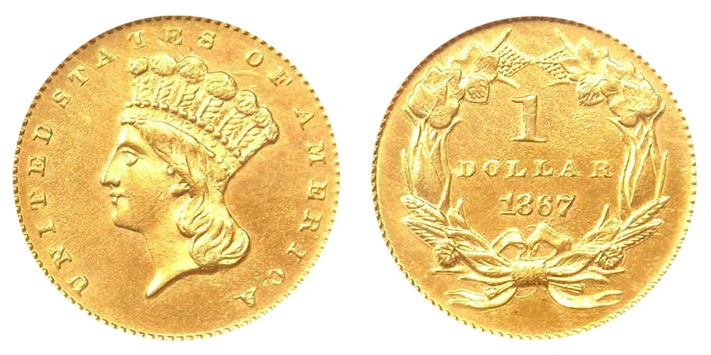 1867 Large Indian Head Gold Dollar Type 3 - Indian Princess Coin