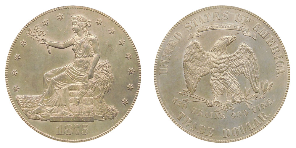 1875 Trade Silver Dollar Type 2 Reverse Coin Value Prices, Photos
