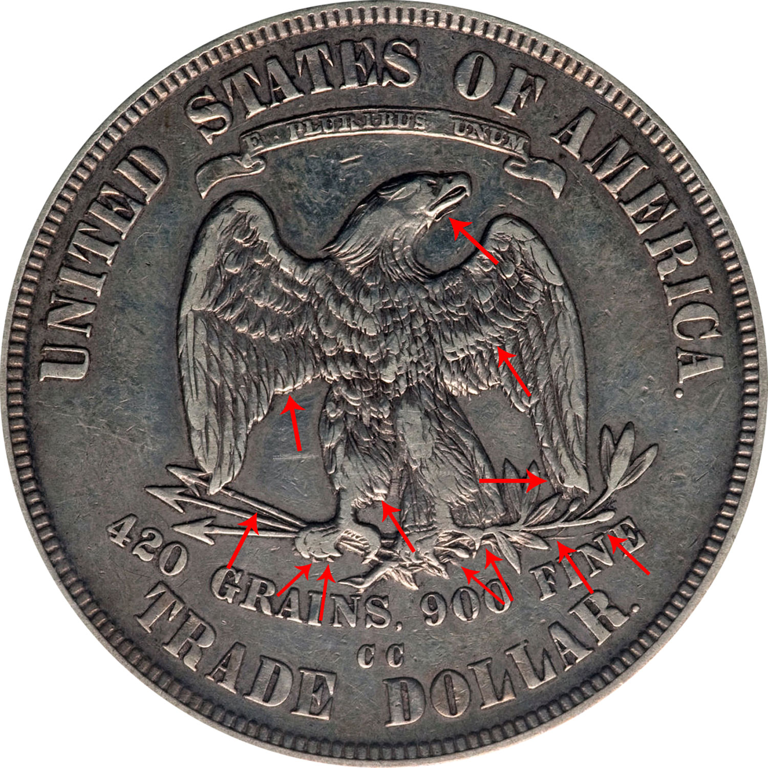 1876 CC Trade Silver Dollar Doubled Die Reverse (Type I/I) Coin