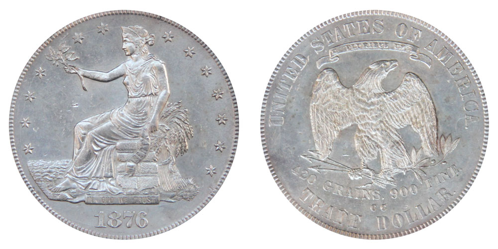 1876 CC Trade Silver Dollar Type 1 Obverse - Type 2 Reverse Coin