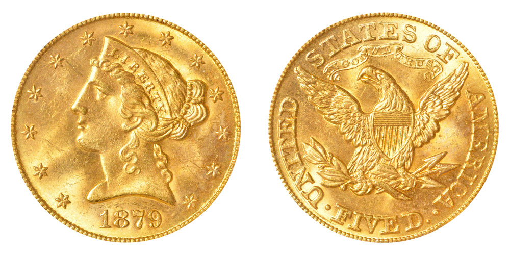 1879 Coronet Head Gold $5 Half Eagle Type 2 - With Motto - Liberty